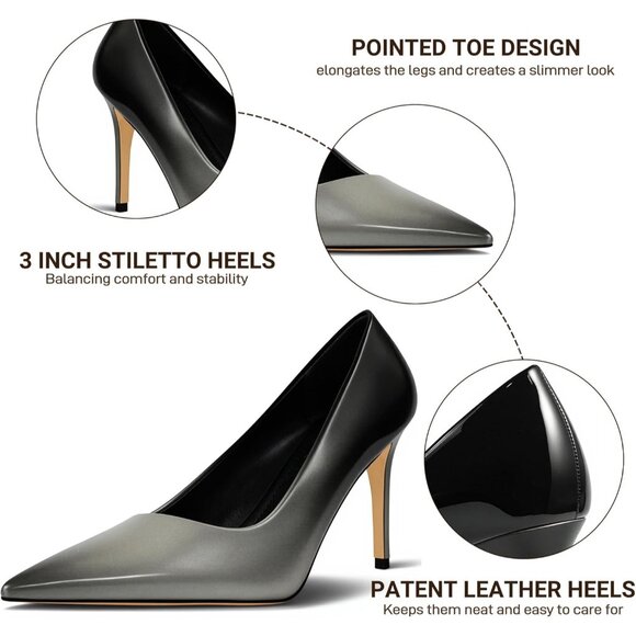 Women Black Gray Pointed Toe Slip-on Closed Toe 3 Inch Stiletto Pumps High Heels - Picture 5 of 7